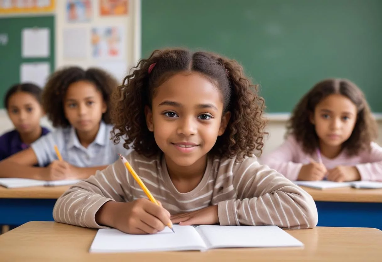 Child smiling and taking notes in class