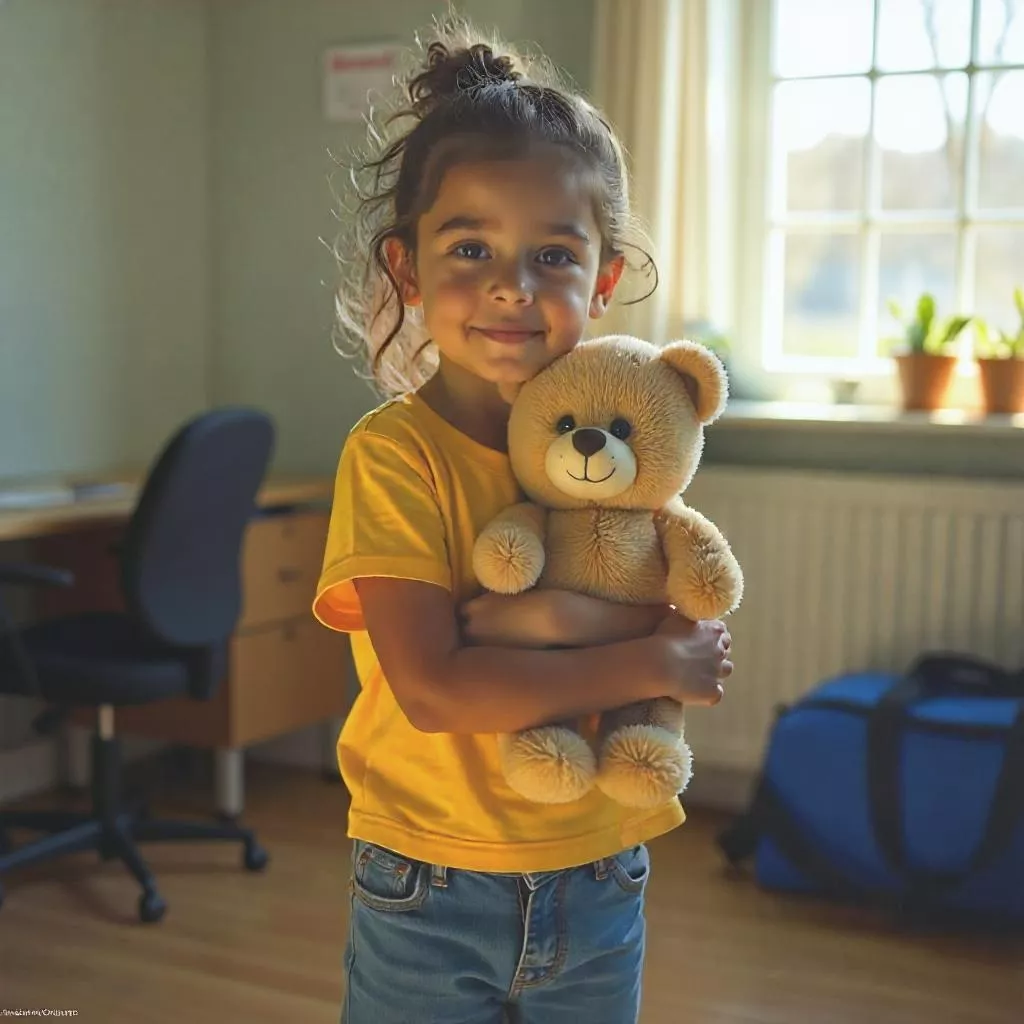 A foster child holding a teddy bear