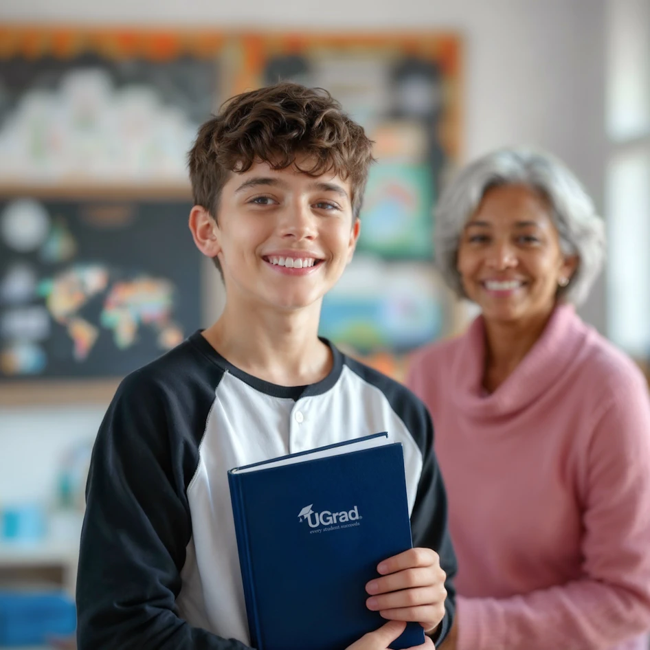 UGrad student boy holding UGrad book