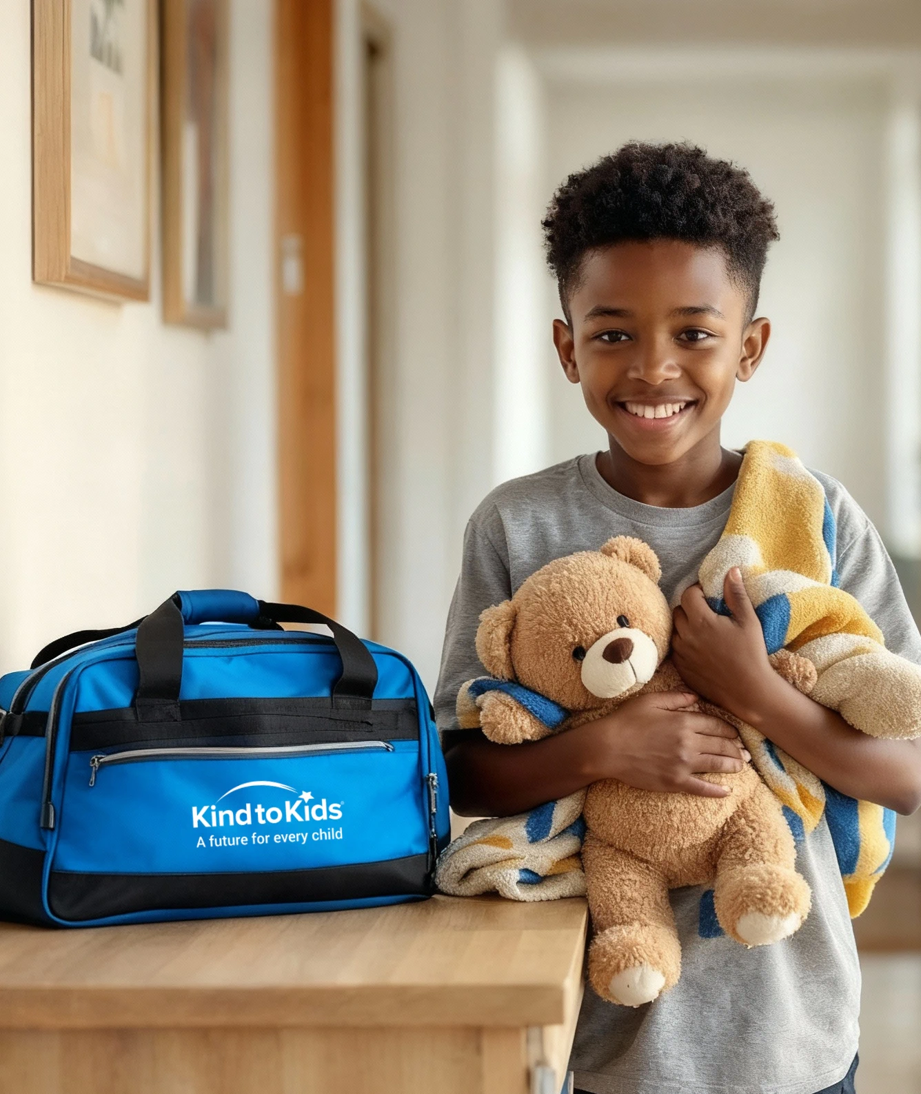 Boy entering foster care comforted by My Blue Duffel