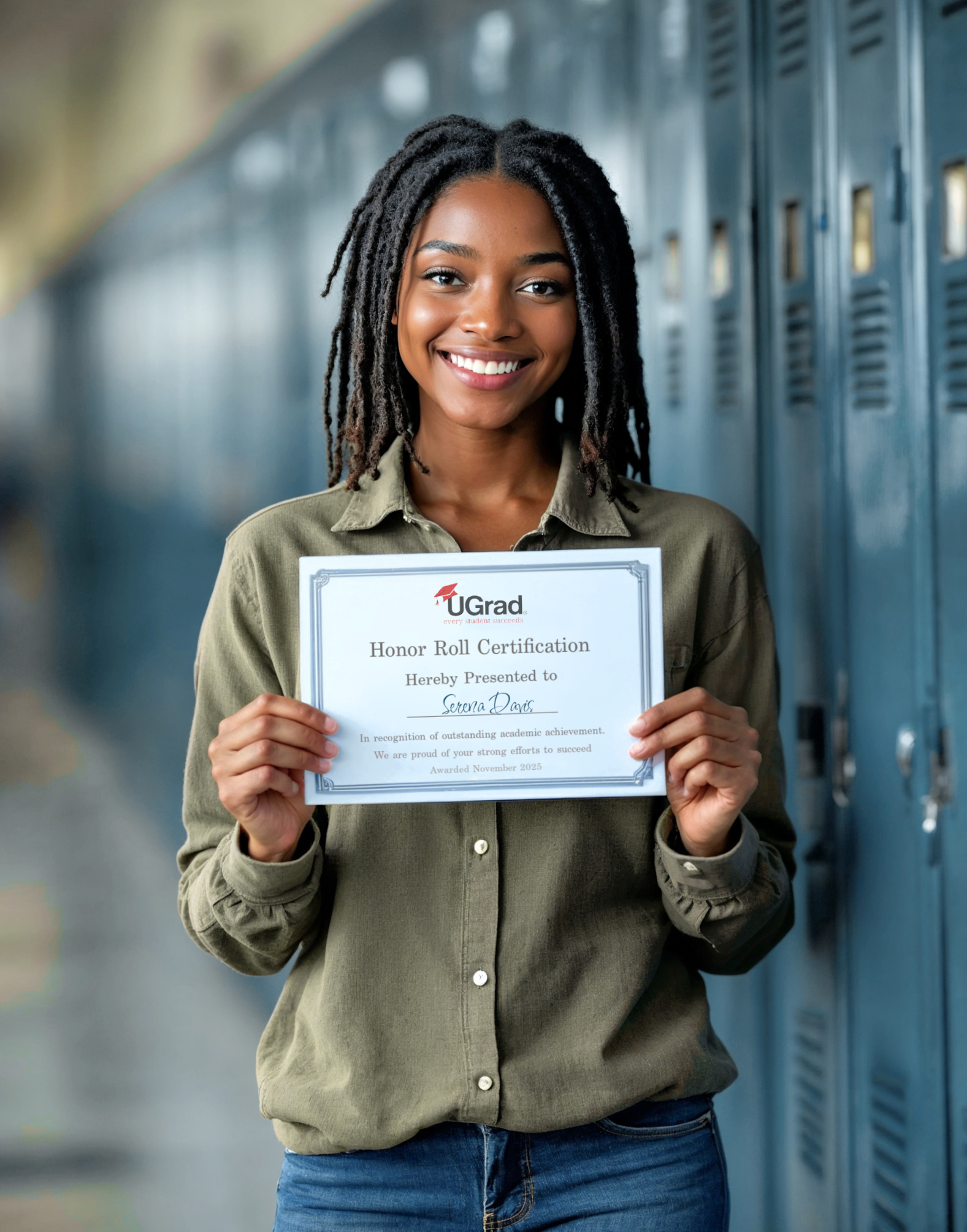 Teen girl Serena with UGrad honor roll certificate