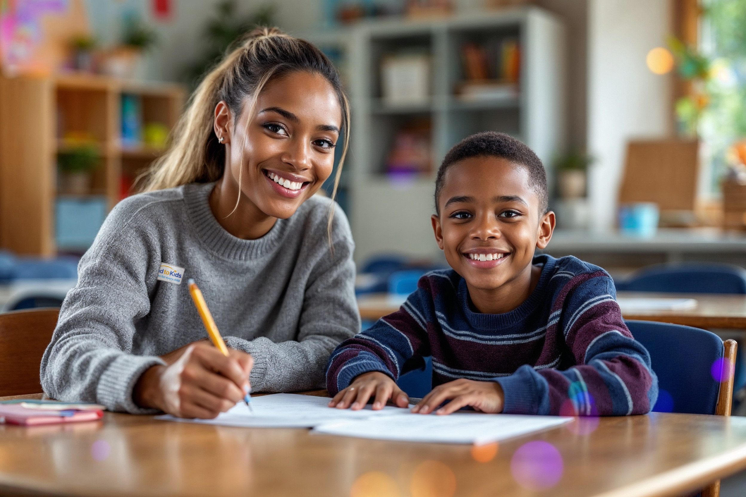 UGrad specialist helping an elementary student with schoolwork