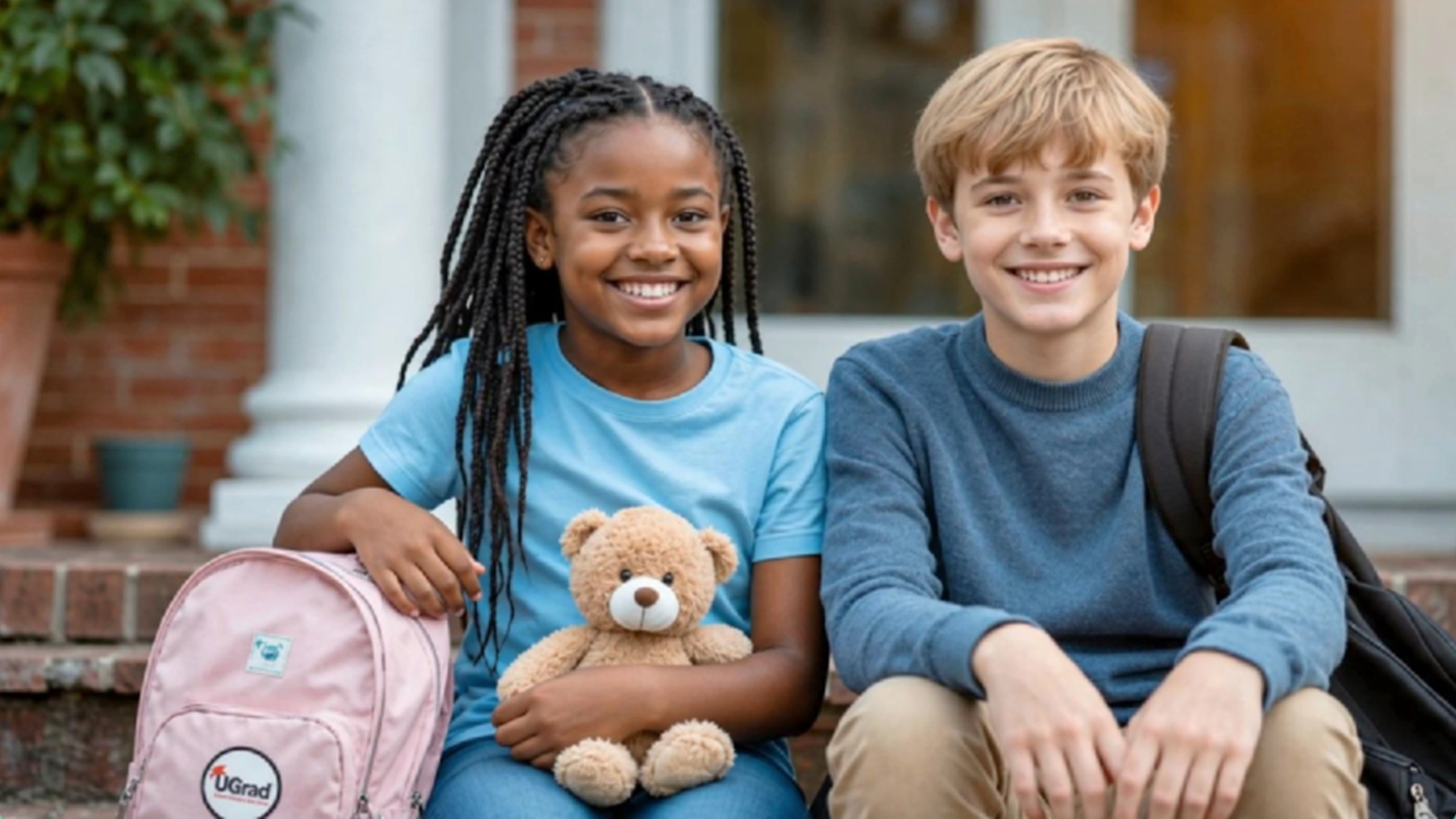 Children smiling together on school steps