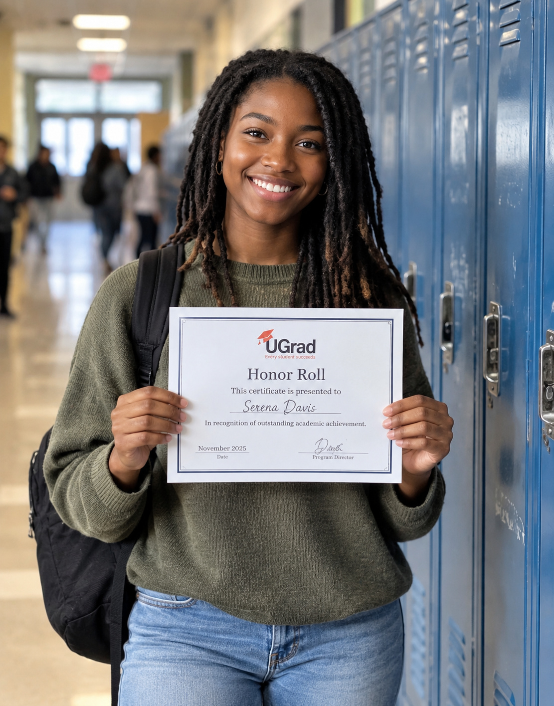 Teen girl Serena with UGrad honor roll certificate